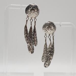 Mary Morgan Navajo Sterling Silver Feather Dreamcatcher Statement 925 Earrings